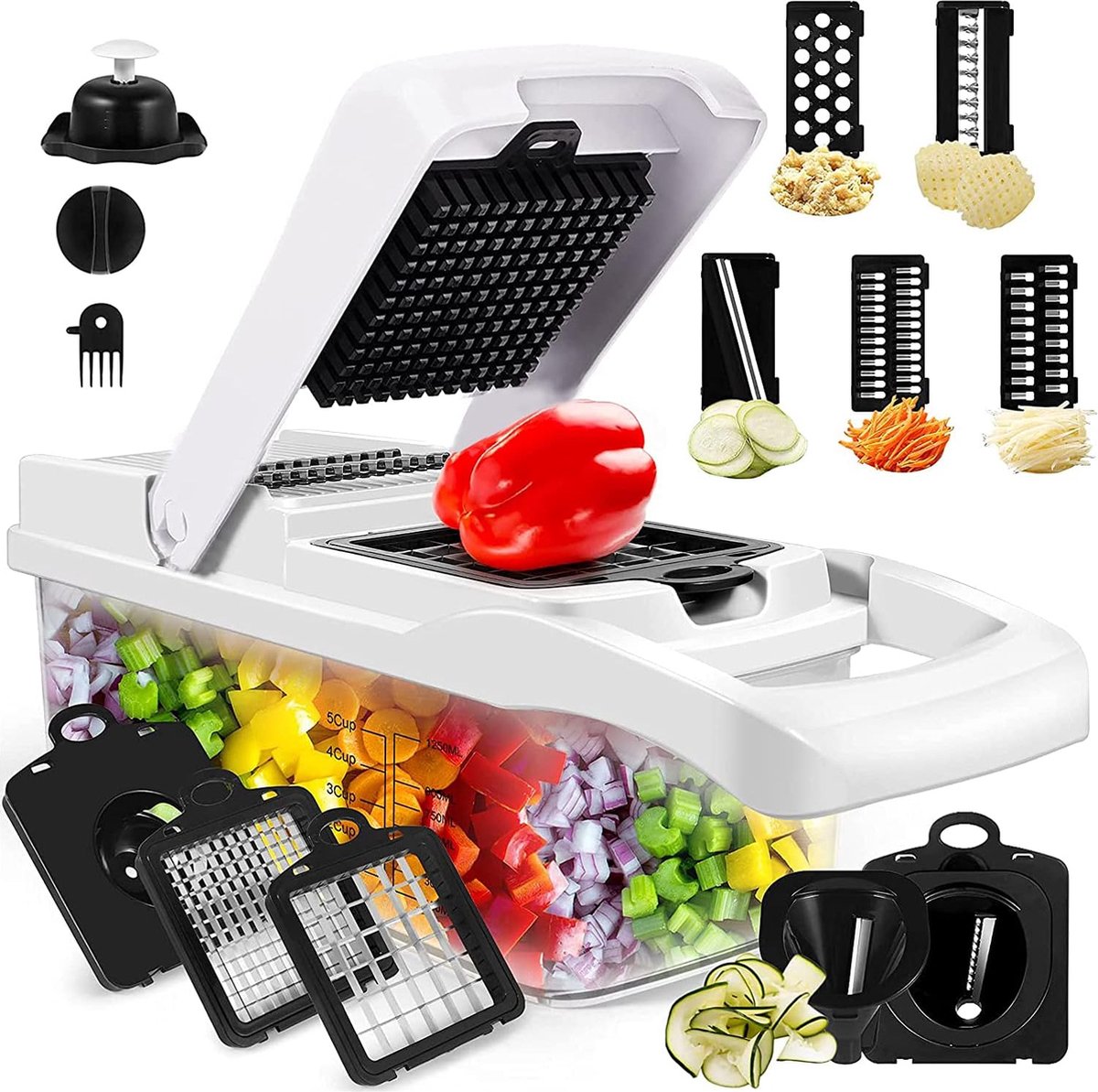 Plantaardige Chopper Ui Chopper Dicer - Voedsel Chopper Salade Cutter Groente Spiralizer Groente Slicer Ei Separator met 12 verwisselbare roestvrijstalen messen, met Container - Zwart & Wit