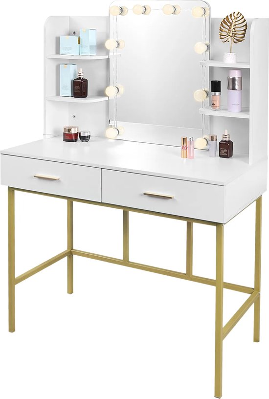 Make up tafel - Kaptafel met spiegel - Inclusief verlichting - 90x45x136 cm  - Wit met Goud | bol.com