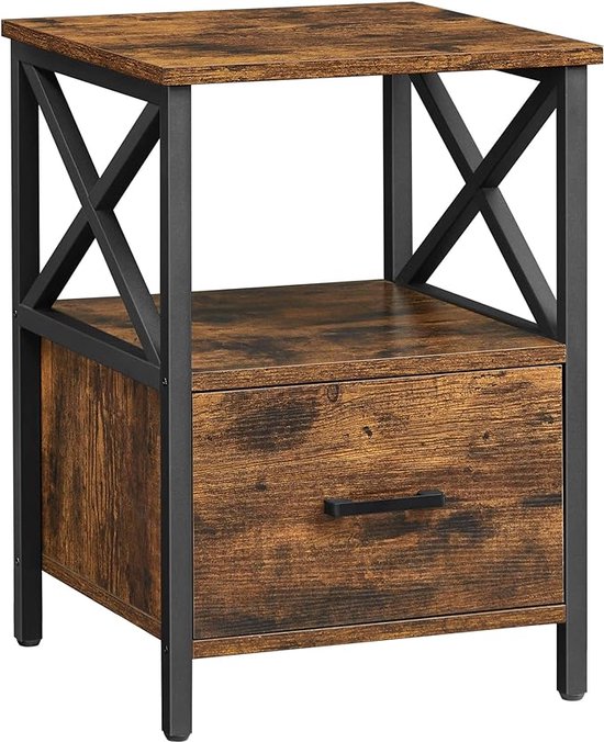 Relaxdays nachtkastje industrieel, set van 2, HxBxD: 50 x 45 x 42,5 cm, bijzetkastje met lade, slaapkamer, zwart/bruin