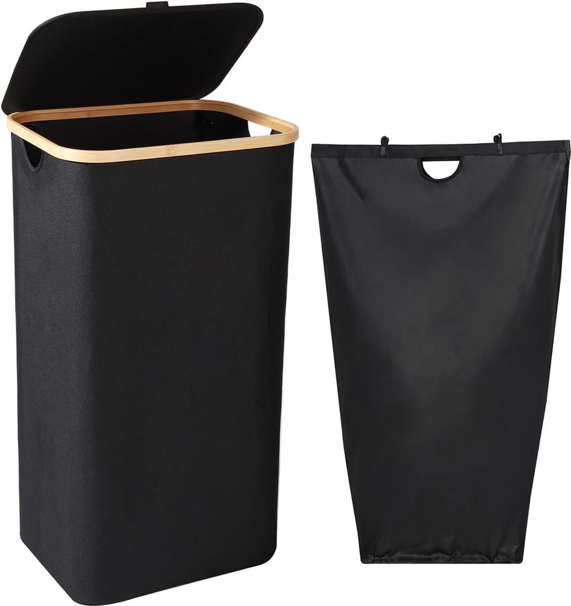 Goedkoopste Wasverzamelaar met deksel, 100 liter, zwart met afneembare waszak, opvouwbare vuilwasmand, voor kleding, dekens, lakens, speelgoed