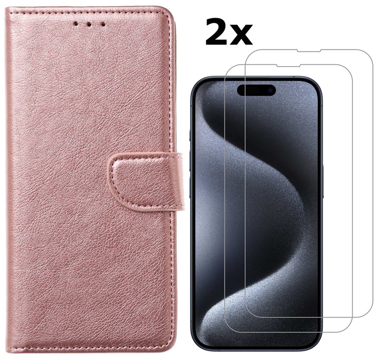 Hoesje Geschikt voor iPhone 15 Pro hoesje bookcase met 2x screenprotector – Rosegoud