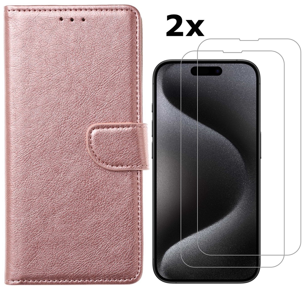 Hoesje Geschikt voor iPhone 15 Pro Max hoesje bookcase met 2x screenprotector – Rosegoud