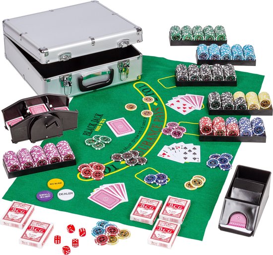 Poker - Pokerset - Pro Poker set 600 chips - Poker chips - Poker fiches - Poker kaarten - Poker koffer - Kaartschudmachine - Inclusief koffer - 44.5 x 28.5 x 16.5 cm - Zilver