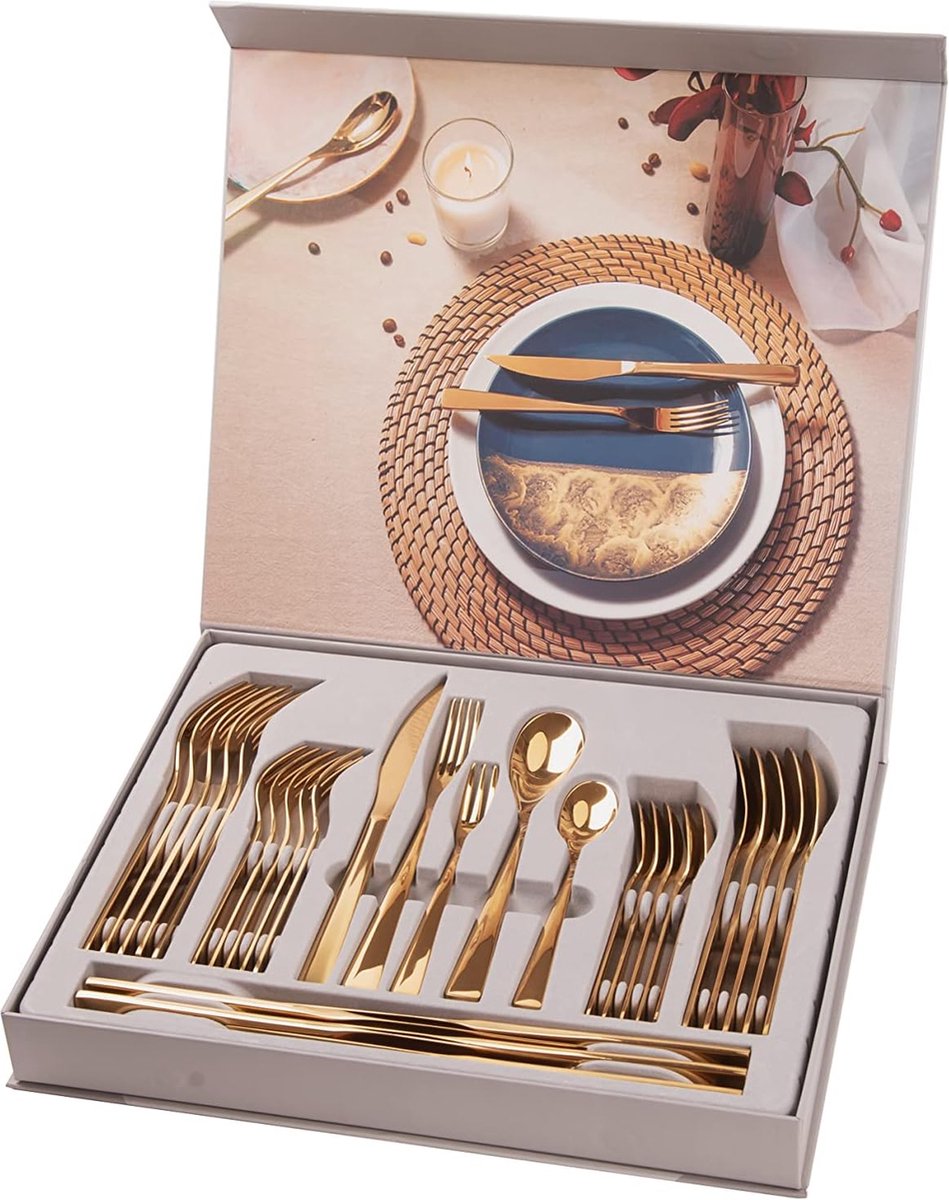 Berlin – gouden bestekset 6 personen, eetbestek 30-delig verguld en glanzend gepolijst titanium, 4 mm dik, en biefstukmes. Een modern bestek met geschenkverpakking.