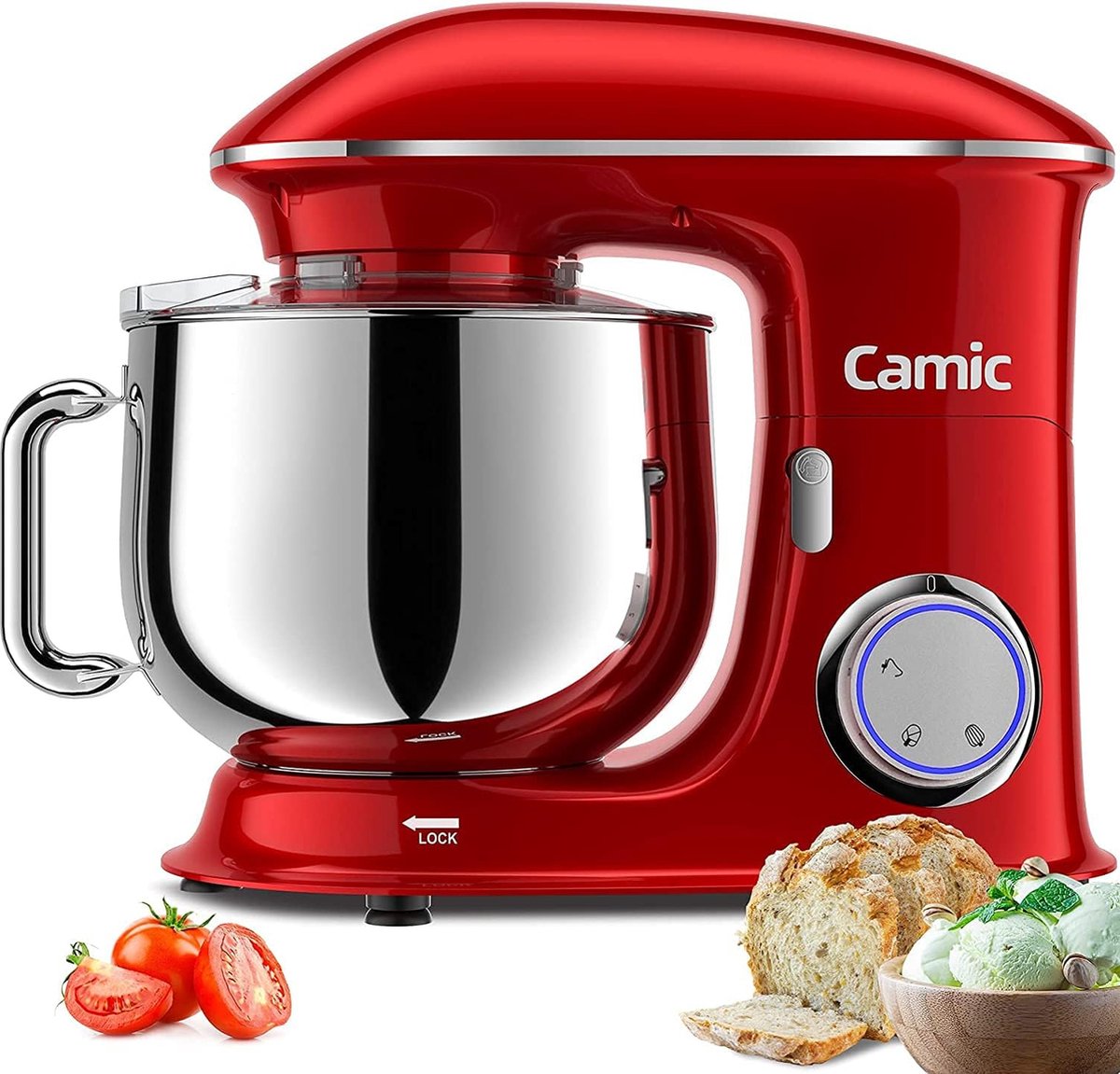 Camic Broodmixer 1500W Multifunctionele Keukenrobot 8L Roestvrijstalen Kom Rood