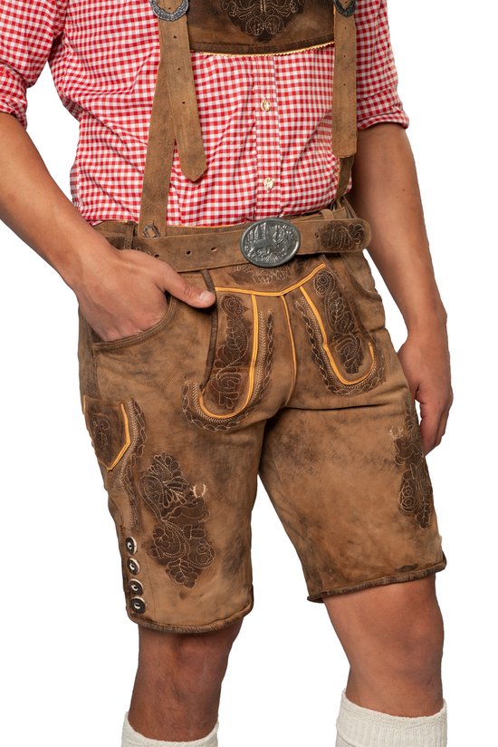 Tannhauser Lederhose Lech Short avec Riem et Bretelles 100 % cuir de chèvre de Premium Oktoberfest pour homme - Cuir de chèvre - Taille XS/ 46