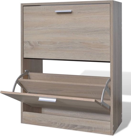 The Living Store Houten Schoenenkast - 63.5 x 24 x 81 cm - 2 Opbergvakken - Eiken - Georganiseerde Opbergoplossing