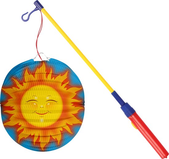 Bol lampion zon - licht blauw - 22 cm - papier - met lampionstokje - 40 cm