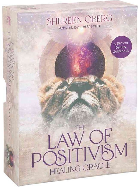 Boîte du jeu de cartes Oracle de Guérison La Loi du Positivisme. La face avant montre une tête de lion au centre, avec le titre 'The Law of Positivism Healing Oracle'.