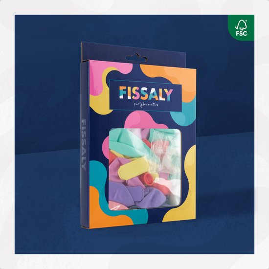 De Fissaly verpakking voor feestdecoraties met pastelkleurige ballonnen, lint en lijmpunten, met FSC-logo.