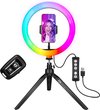 foto van Studio ME Multi Kleuren Ringlamp met Statief - 10 inch/25 cm - RGB Lamp - Ringlight met statief - Bluetooth - Telefoonhouder - Afstandsbediening - USB - TikTok Lamp - Ring Light
