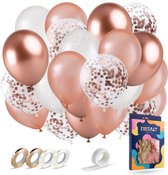 Fissaly 40 stuks Rose Goud, Wit & Chrome Helium Ballonnen met Lint – Verjaardag Versiering Decoratie – Papieren Confetti – Latex