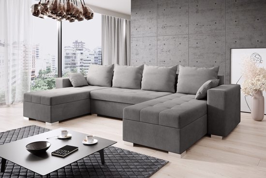 canapé d'angle Merze - salon d'angle avec fonction couchage et espace de rangement - velours gris - sièges et lits