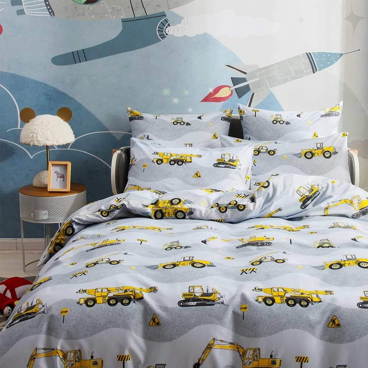 LEXAHO Kinderbeddengoed voor jongens, 135 x 200 cm, graafmachine