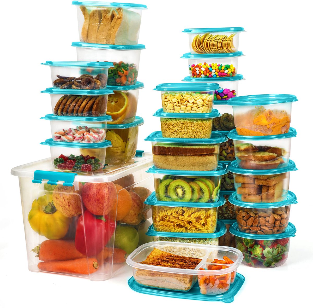 Freshly Contained 33 Stuks Plastic Voedsel Containers - BPA-vrije Herbruikbare Opslag Dozen Set met Deksels - Luchtdichte Containers voor Keuken, Kelder, Mealprep en Lunches - Magnetron/Diepvries