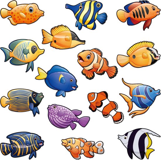 15 Decoratie Tropische Vissen (15CM) voor Raam & Muur - met dubbelzijdige tape/stickers - Raamdecoratie Onderwaterwereld Zee