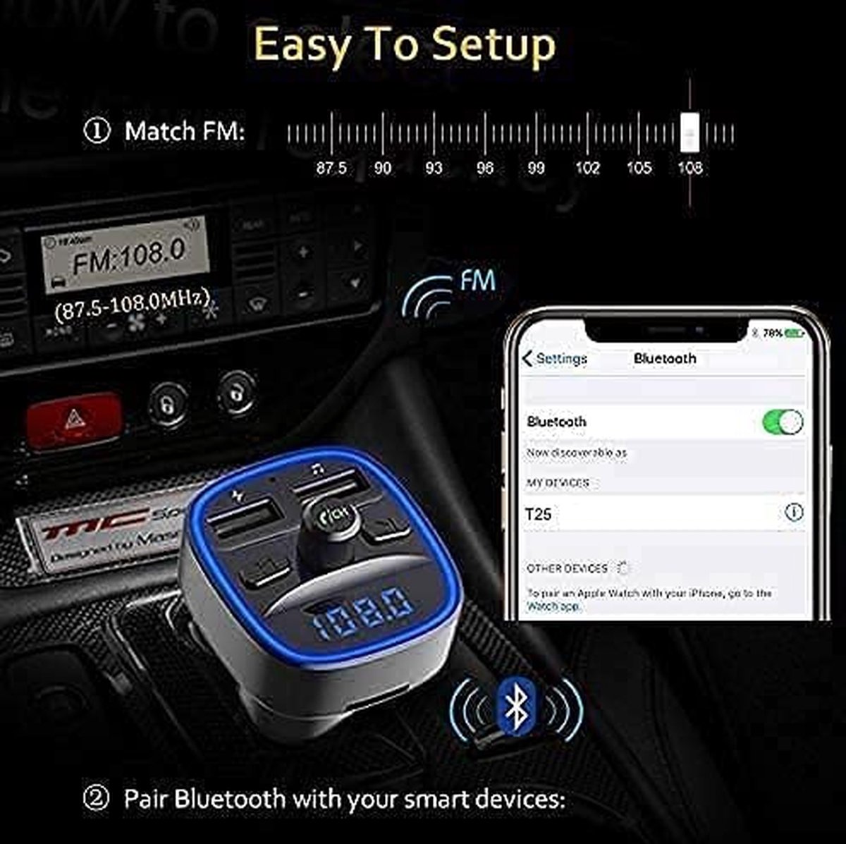 Transmetteur FM Bluetooth pour voiture, [anneau lumineux Blauw ] kit mains  libres pour