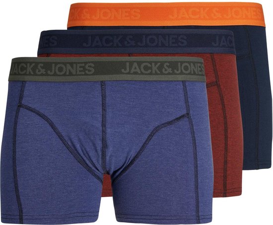 Drie Jack & Jones boxershorts in blauw, roodbruin en donkerblauw met logoband.