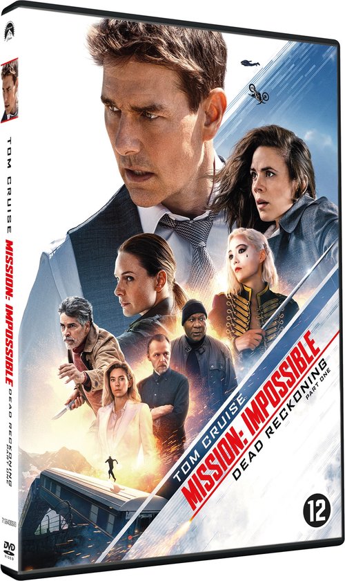 DVD-hoes van Mission: Impossible - Dead Reckoning Part One met Tom Cruise prominent op de voorgrond, omringd door de cast.