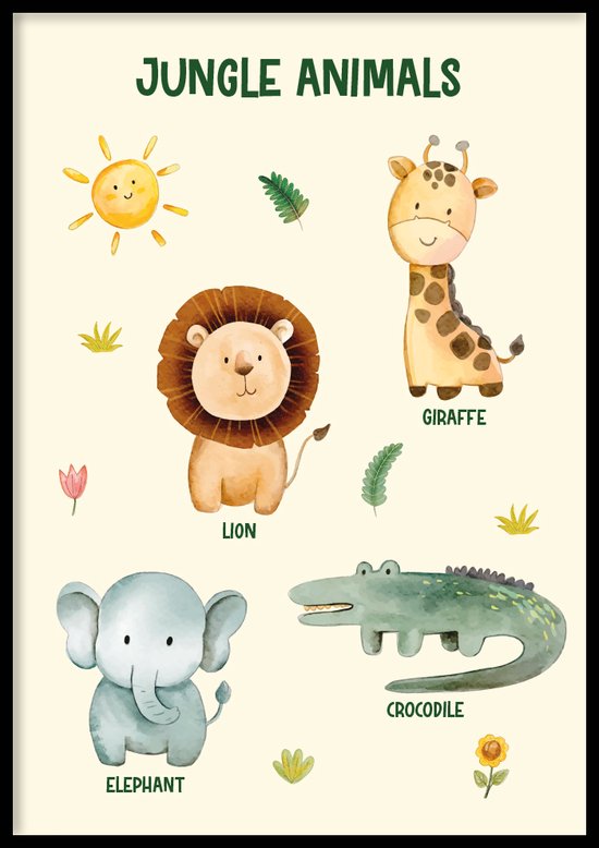 Poster Jungle animals - Kinderkamer poster - Babykamer poster - Dieren poster - Kinderkamer decoratie - 50x70 cm - WALLLL