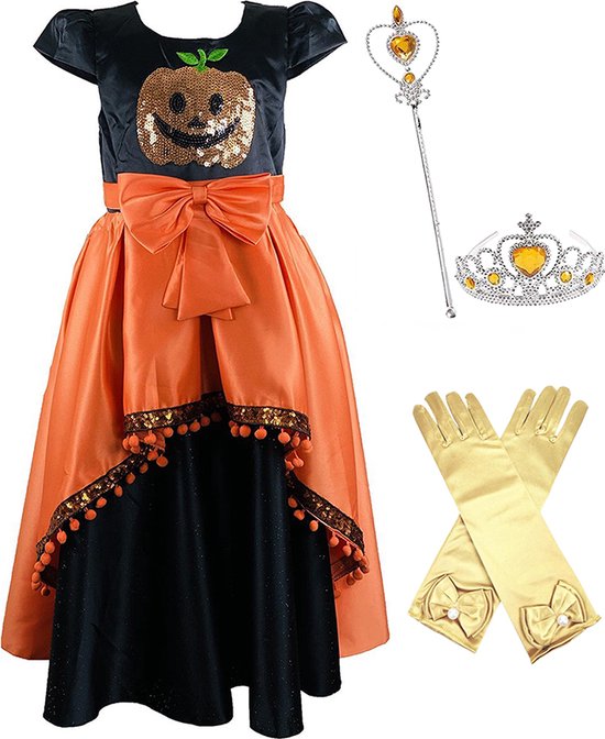 Robe Halloween Zwart Oranje | Costume d'Halloween | 146-152 | Habiller Vêtements Fille | Déguisements | Décoration d'Halloween | + Diadème et Baguette Magique