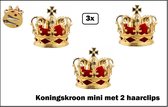 3x Koningskroon mini met 2 haarclips - 8cm - kroon thema feest party fun festival queen koning koningin