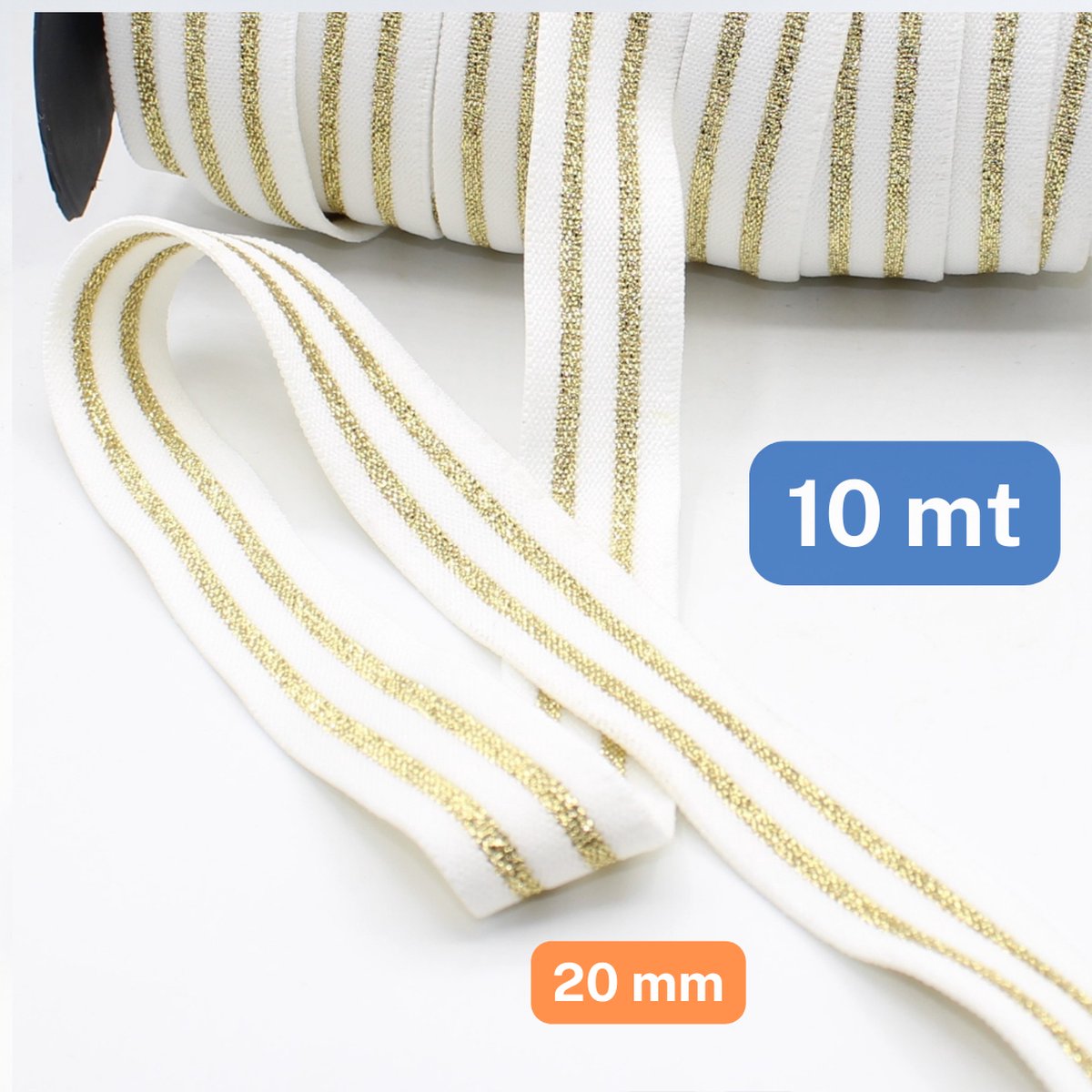 10 Meter Soepele LUREX ELASTIEK, Breedte 2CM, Kleur WIT/GOUD