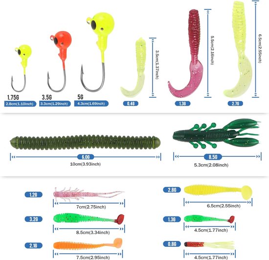 Kunstaas Set Vissen Wormen Softbaits Jigheads 45-delige set Kunstaas Set Vissen Wormen Softbaits Jigheads 45-delige set