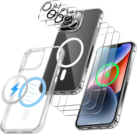 Podec Magsafe Hoesje Geschikt voor iPhone 13 - Bundel met 3x Screenprotector + 3x Cameraprotector - Magnetisch met Ring Doorzichtig - Telefoonhoesje Transparant Magsafe Case - Doorzichtig