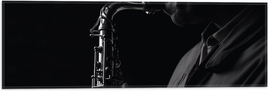 Vlag - Man Blazend op Trompet (Zwart-wit) - 60x20 cm Foto op Polyester Vlag