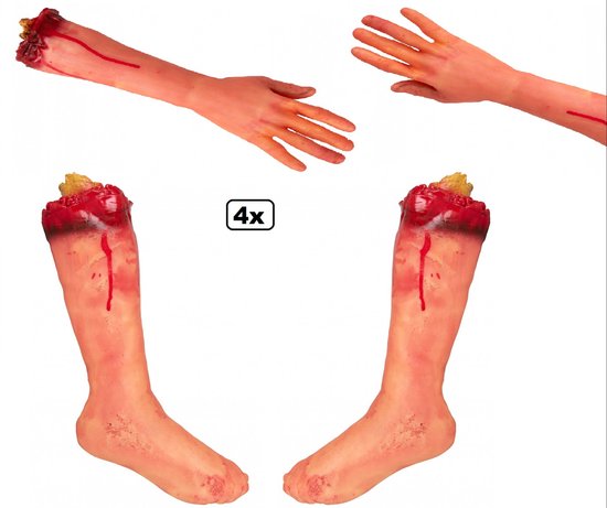 2x Afgehakte arm en 2x afgehakte been - zacht rubber - Lichaamsdeel halloween slager horror scary creepy thema feest
