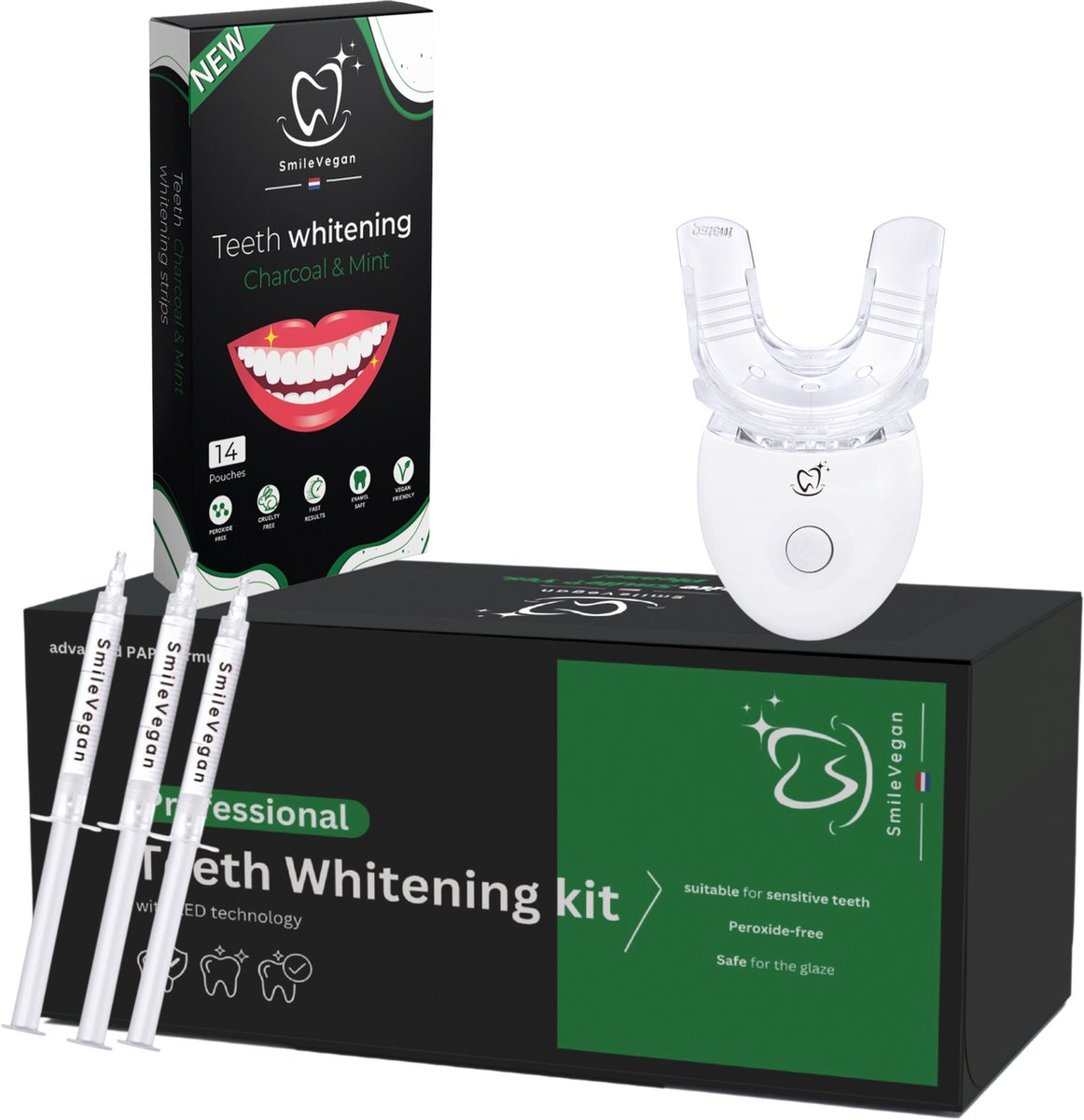 Teeth whitening kit - Zonder peroxide - met handleiding - Tandenbleekset - LED Tanden bleken - Inclusief whitening strips Tanden bleekstrips - 100% natuurlijk & peroxidevrij