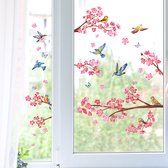 Stickerkamer® | Raamsticker | Vogels op tak met vlinders | roze bloemen | Dubbelzijdig bedrukt | Tuin | Poster | Raamdecoratie | Woonkamer | Huis inrichting | Stickers | Zelfklevend