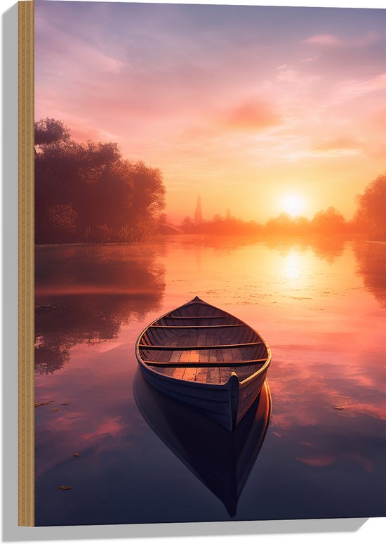 Hout - Houten Bootje Dobberend op het Water bij Felkleurige Zonsondergang - 40x60 cm - 9 mm dik - Foto op Hout (Met Ophangsysteem)