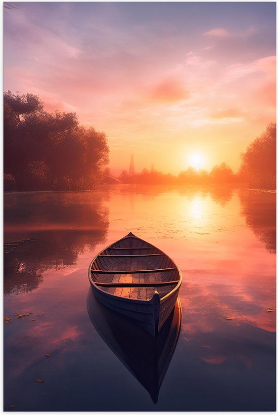 Poster (Mat) - Houten Bootje Dobberend op het Water bij Felkleurige Zonsondergang - 50x75 cm Foto op Posterpapier met een Matte look
