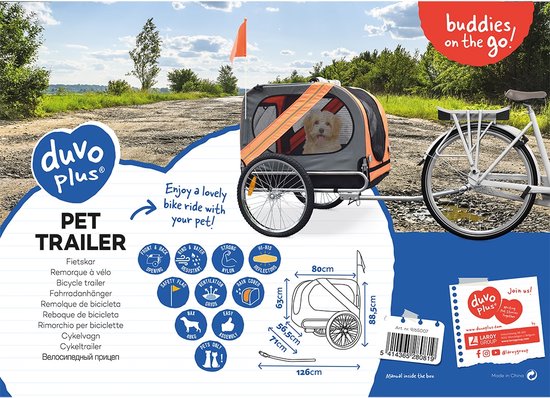 Duvo+ Fietskar Pet trailer 80x56,5x63cm Grijs Oranje