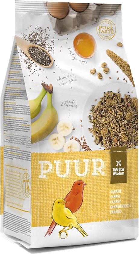 Zak vogelvoer 'PUUR' met afbeeldingen van bananen, eieren en twee kanaries.