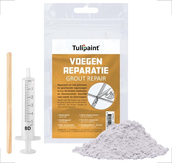 Pakje Tulipaint voeg reparatie in lichtgrijs, met een spuit en roerstokje.