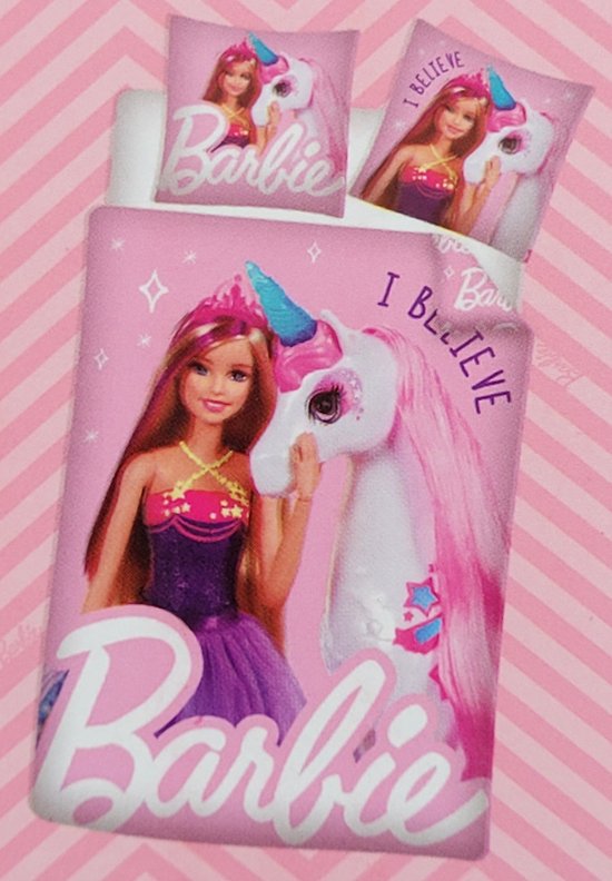 Barbie Dekbedovertrek 140x200 cm met instopstrook - kussensloop 60x70 cm - Roze