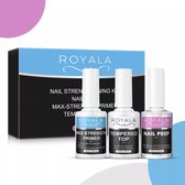 Royala Nails Strengthening Kit - set van 3 stuks - Tempered Top Coat 15ml - Nail Prep 15ml ( Dehydrator )- Max-Strength Primer 15ml - Geschenk Verpakking - Topcoat - Primer - NailPrep - Top Coat
