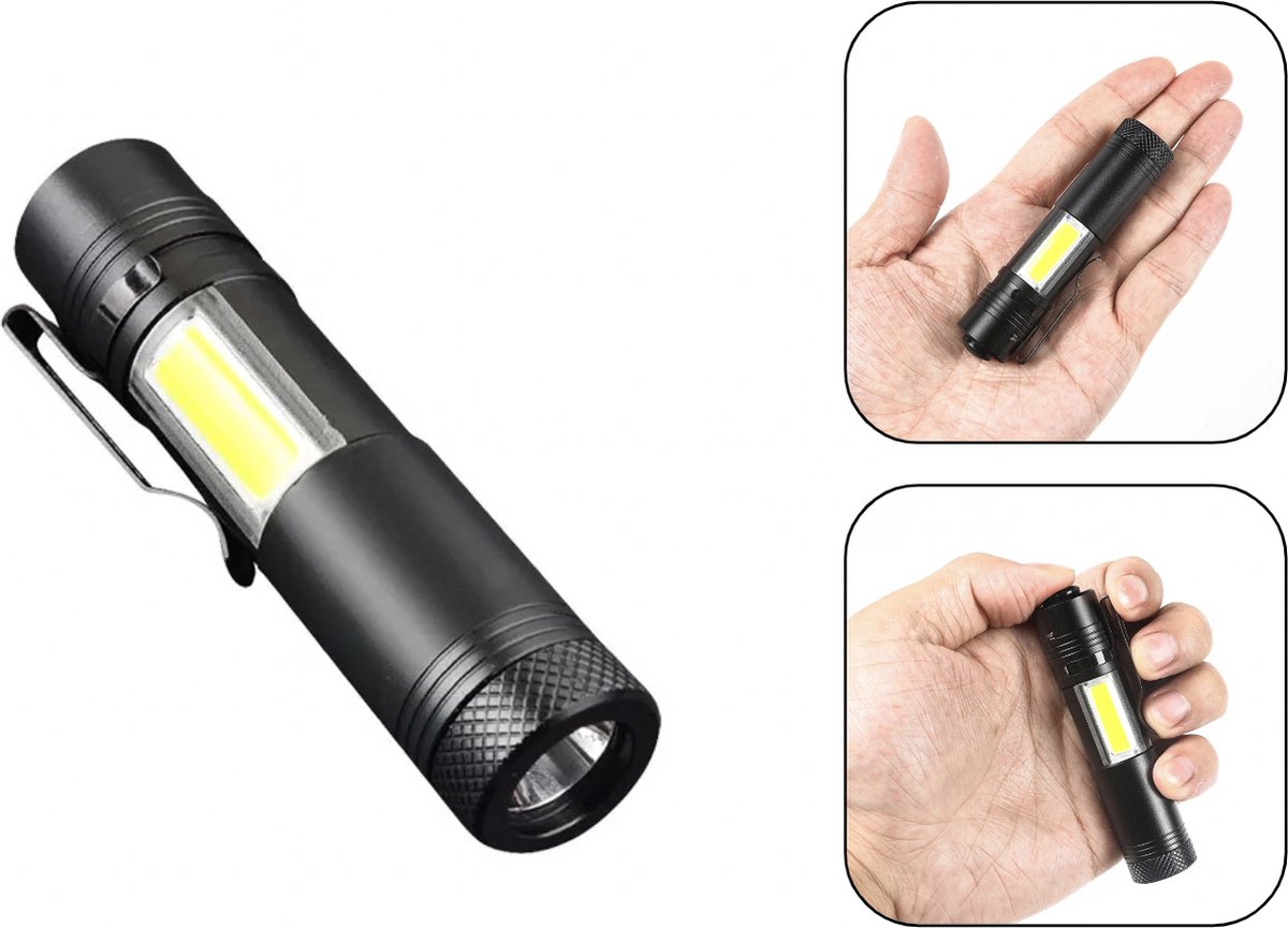 PD® - Mini Zaklamp - Zaklamp Led - COB - 4 lichtstanden - zwart - led technologie - COB LED