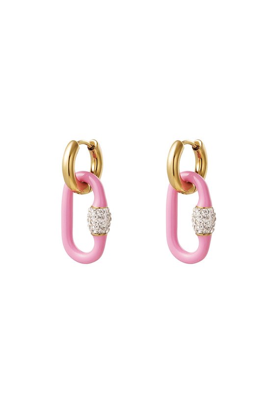 MJmyjewels/Oorbellen ovaal gekleurde bedel Pink & Gold Stainless Steel