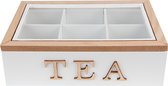 HAES DECO - Boîte à thé 6 compartiments - Couleur Wit, Marron - Taille 23x17x8 cm - Matière MDF / Glas - Boîte à thé, Porte sachet de thé