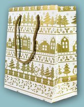2 Kerst cadeau tasjes Winterhuisjes - kado tasjes - geschenk tasjes - papier - Wit/goud 19x10x23cm kerst