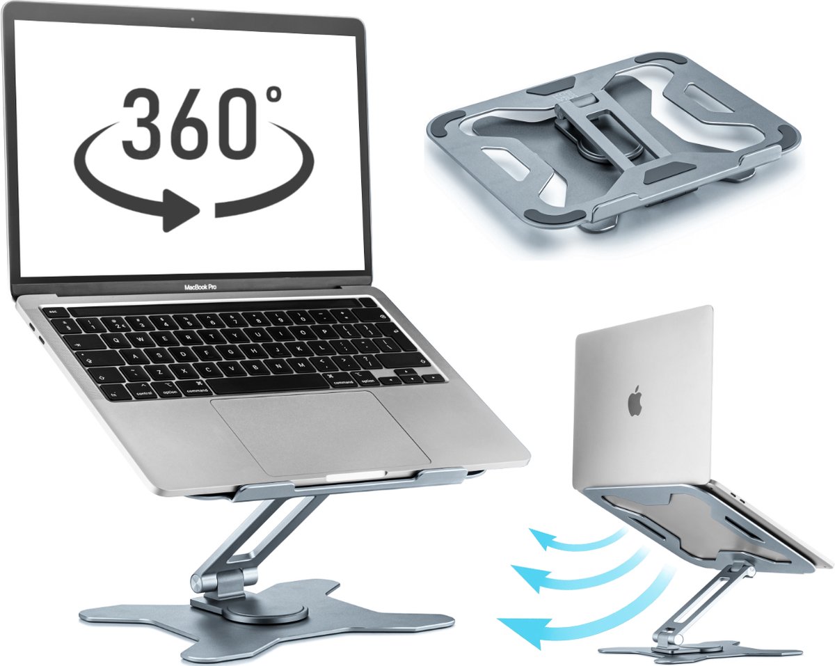 Kos Design - In hoogte verstelbare Laptop standaard - 360* Draaibaar - 13 tot 18 Inch Laptops - Luxe uitvoering - Opvouwbaar - Aluminium Grey - Ergonomische ontwerp - Tijdloos Design