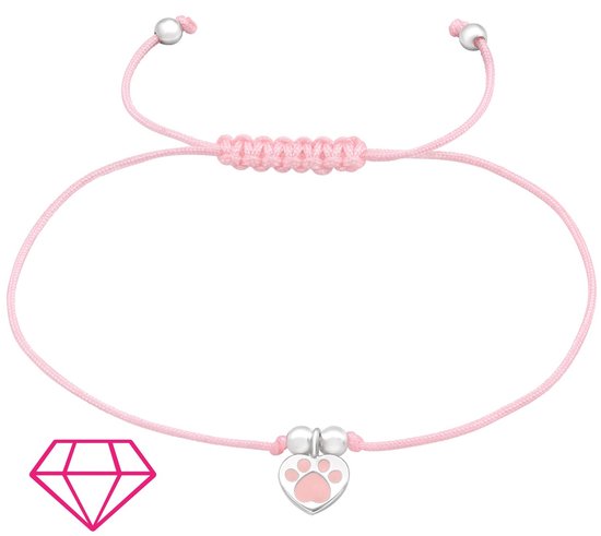 Joy|S - Zilveren hartje bedel armband - kat hond dieren poot bedel sterling zilver 925 - roze koord - poot afdruk