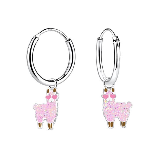 Oorbellen meisje | Oorbellen kind | Zilveren oorringen met hanger, roze alpaca met glitter en hartjeszonnebril