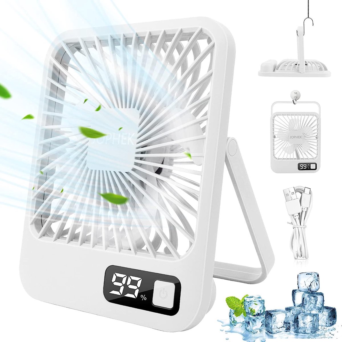 Ventilator met LED Batterij Display - 50 dB Stille Tafelventilator - Hangend en Staand - met 5 Standen en 3000 mAh Batterij – USB oplaadbaar – Aircooler - Airco - Ventilatoren - Wit