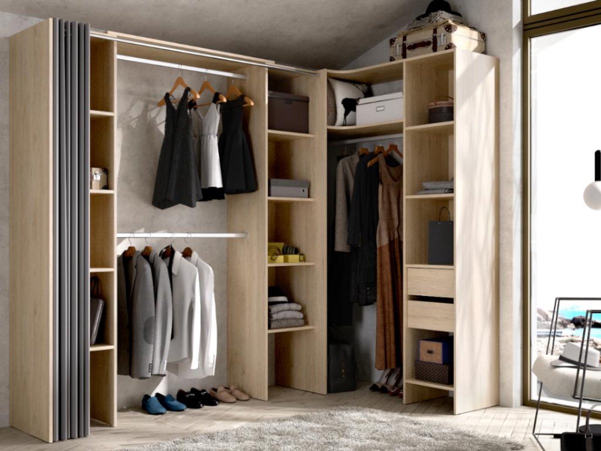 Vente-unique Verstelbare kledingkast DORIAN - L164/234 cm - Eikenkleur en grijs Natuurlijk licht