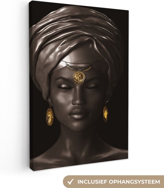 Canvas Schilderij Vrouw - Afrika - Black - Gold - 20x30 cm - Wanddecoratie
